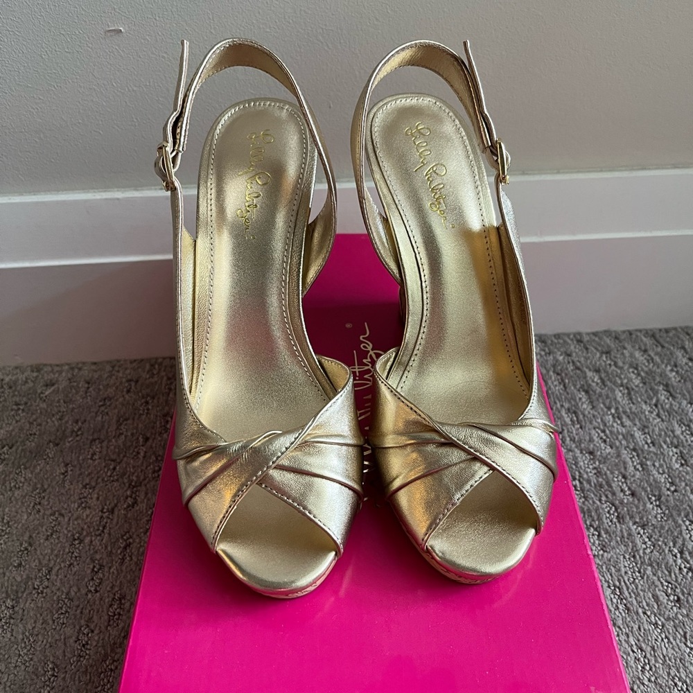 Lilly Pulitzer CHRISTINE WEDGE Slingback Gold Metallic Sandals 8.5M